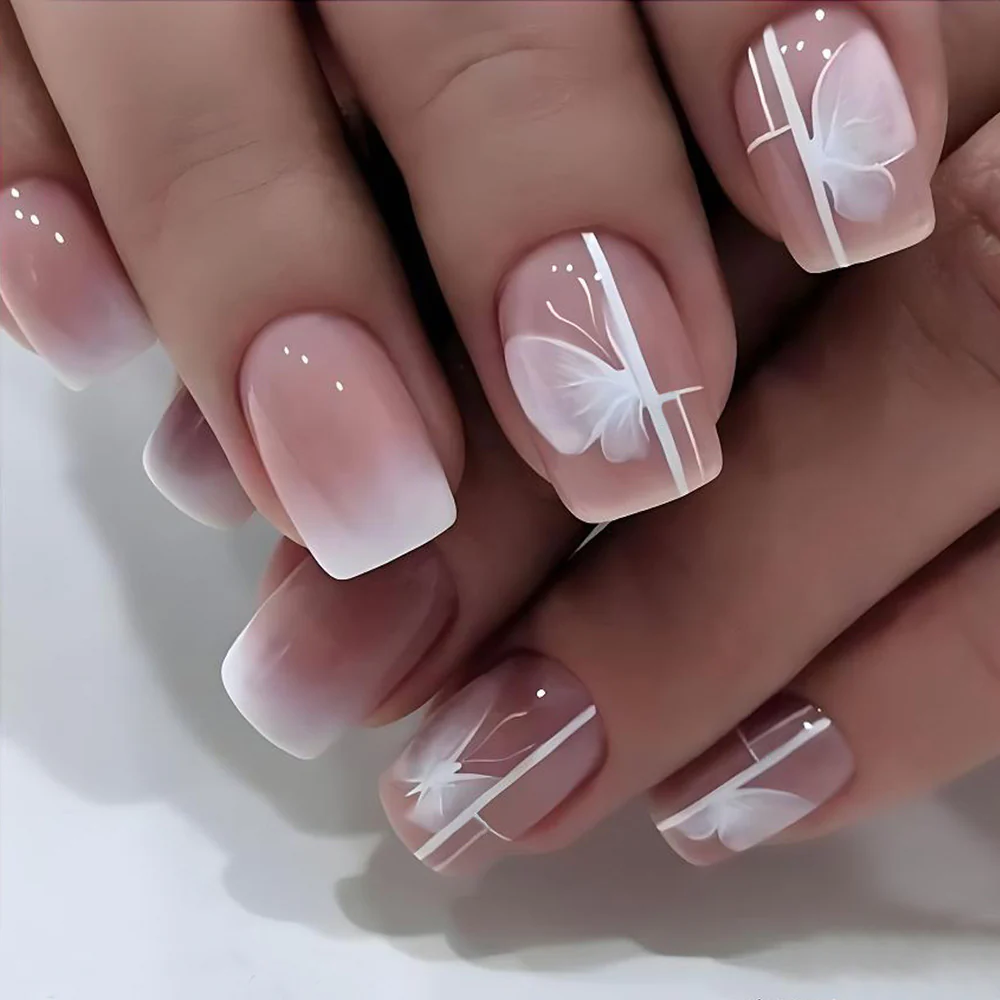 Elegant Butterfly Charm Short Square Pink Ombre Press On Nail Set with White Art Detail