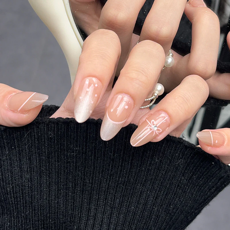 Elegant Charm Medium Almond Beige Ombre Press on Nail Set with Delicate Bow Detail