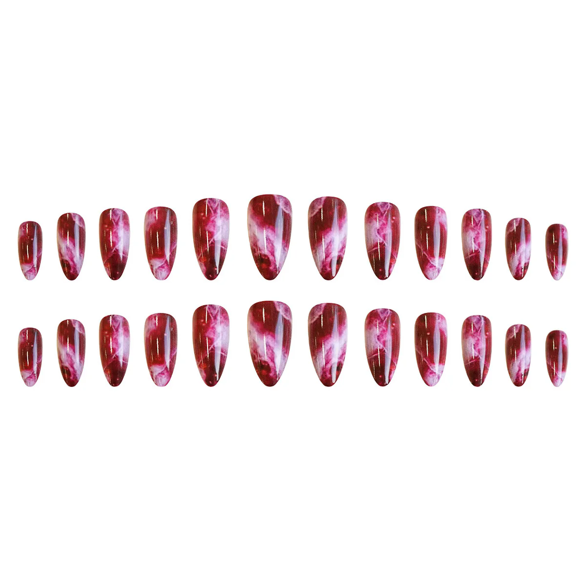 Elegant Crimson Dream Press On Nail Set Short Almond Shape Marbleized Red and White Design