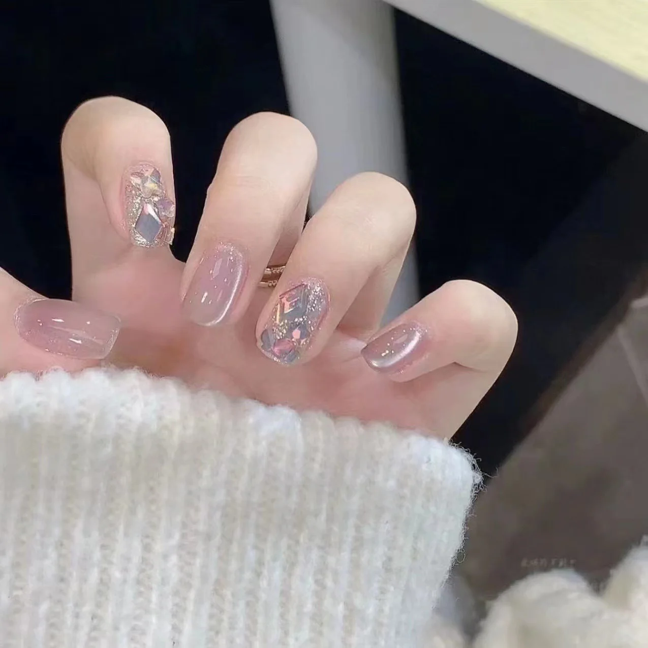 Elegant Crystal Fantasy Medium Square Beige Press On Nail Set with Shimmering Gem Accents