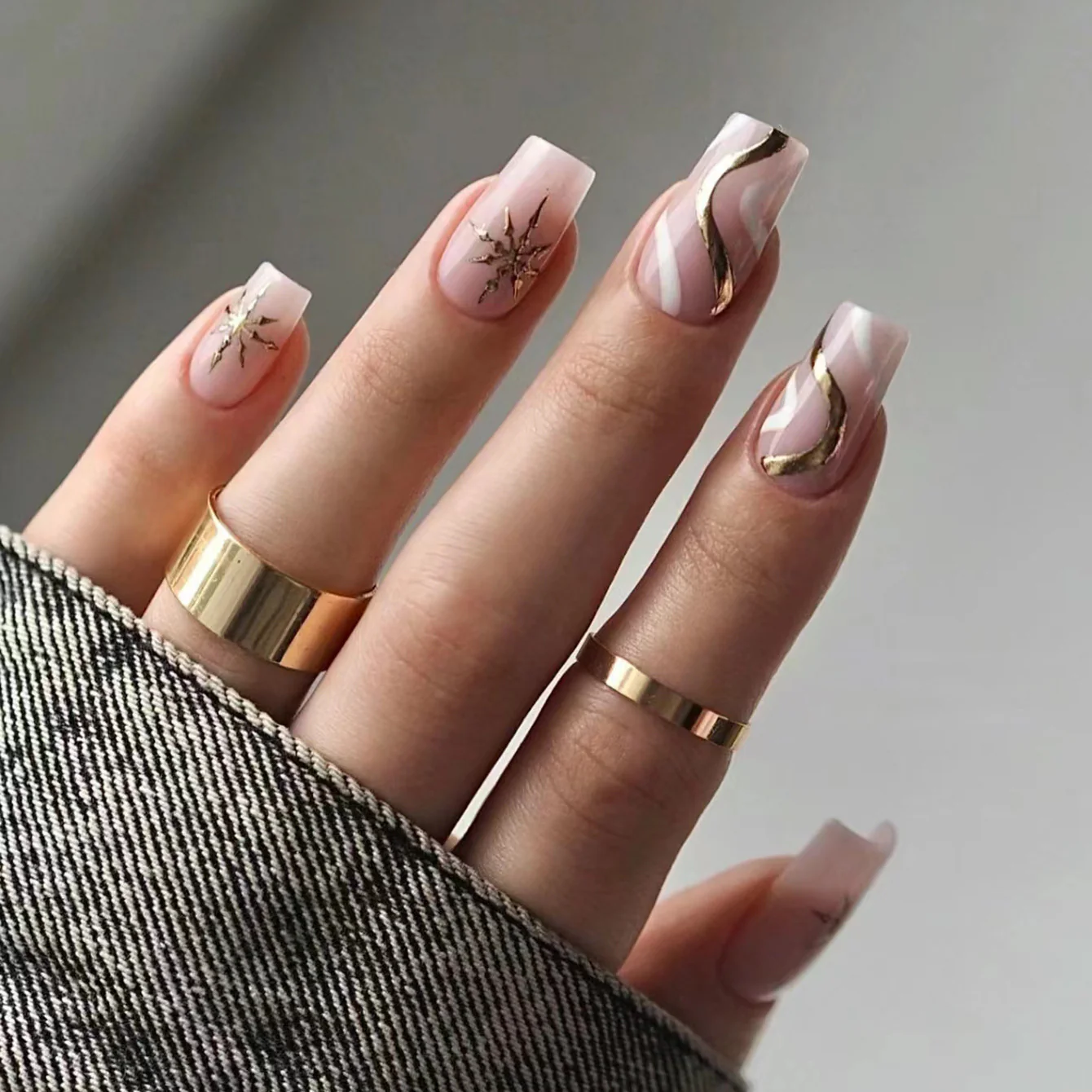 Elegant Dreamy Blush Square Long Press On Nail Set with Gold Accents and Artistic Swirl Design