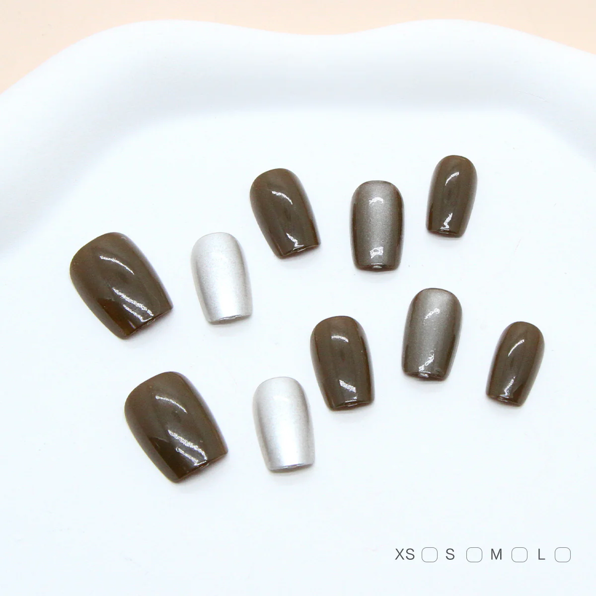 Elegant Earthy Charm Short Square Shaped Brown and Silver Gradient Press on Nail Set