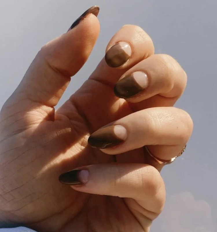 Elegant Earthy Glam Medium Oval Chocolate Ombre Press On Nail Set with Unique Half Moon Design