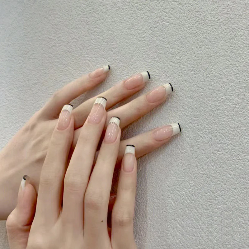 Elegant Enchantment Long Square Shaped Beige with Black Tip Press On Nail Set