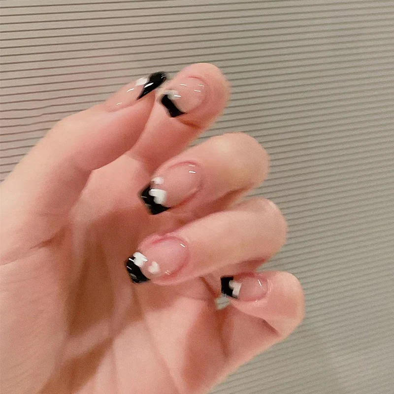 Elegant Evening Black and White Coffin Shaped Long Length Press On Nail Set with Accented Sparkles