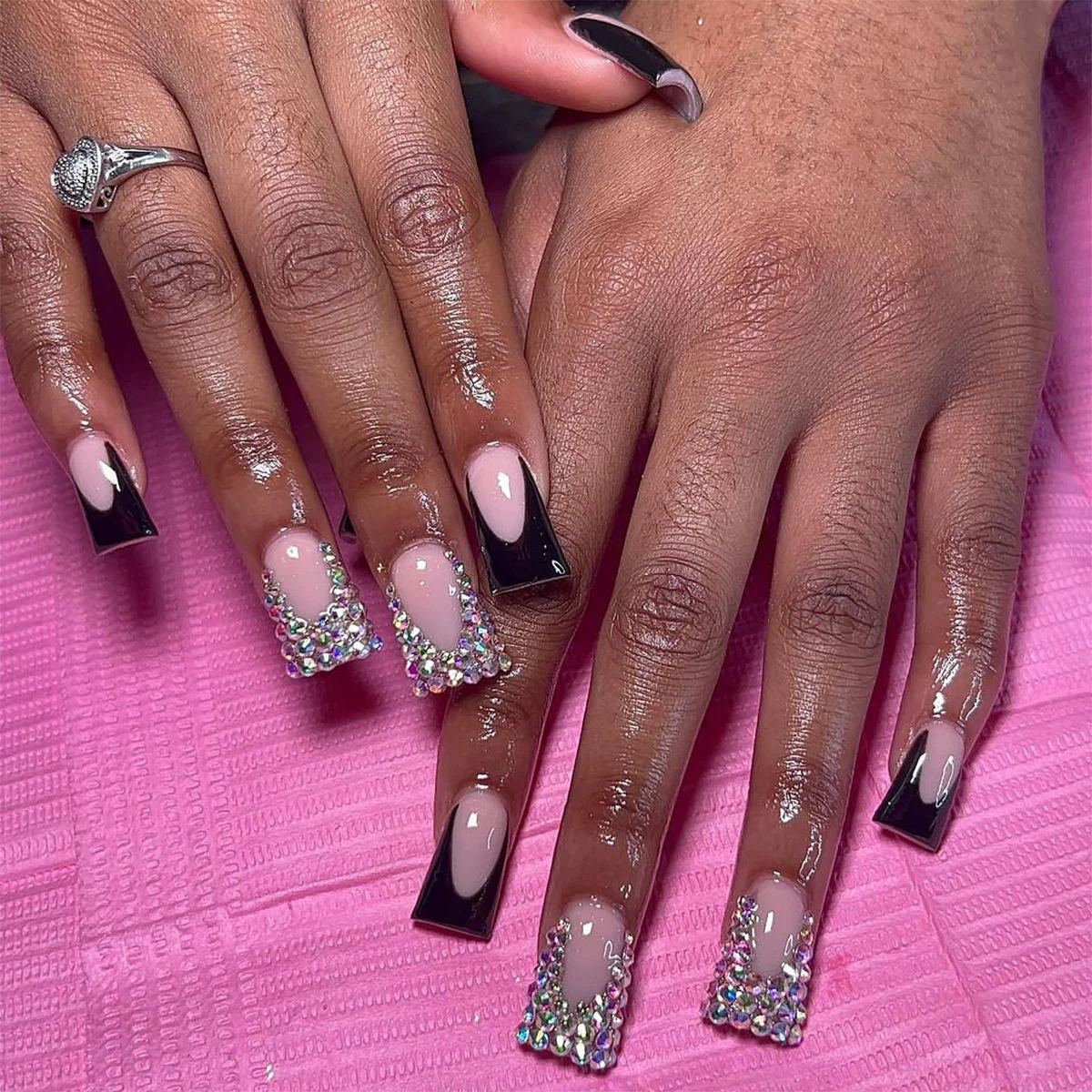 Elegant Evening Extra Long Duck Black Press On Nails with Rhinestone Embellishments