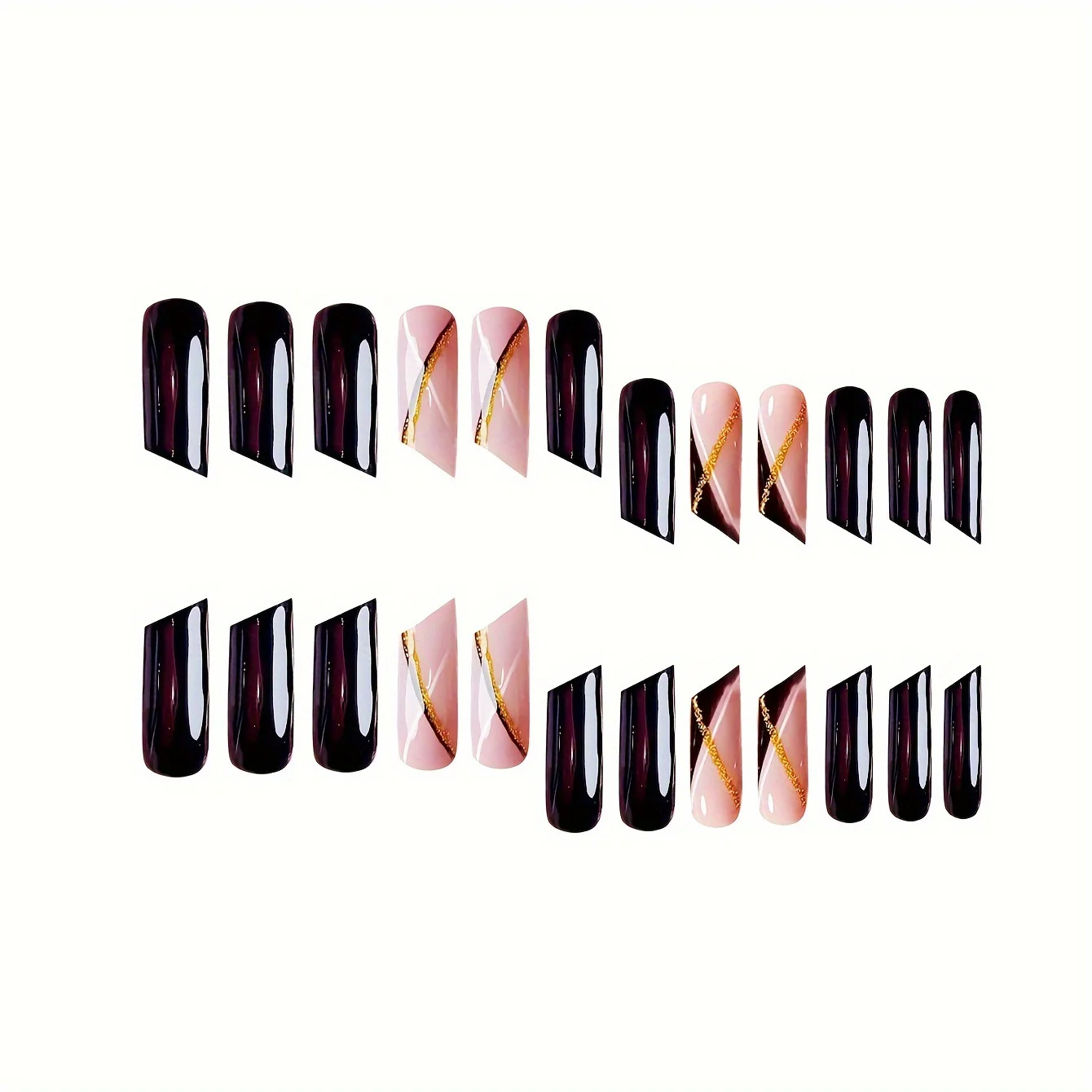Elegant Evening Glamour Long Square Black and Pink Nails with Gold Accent Design