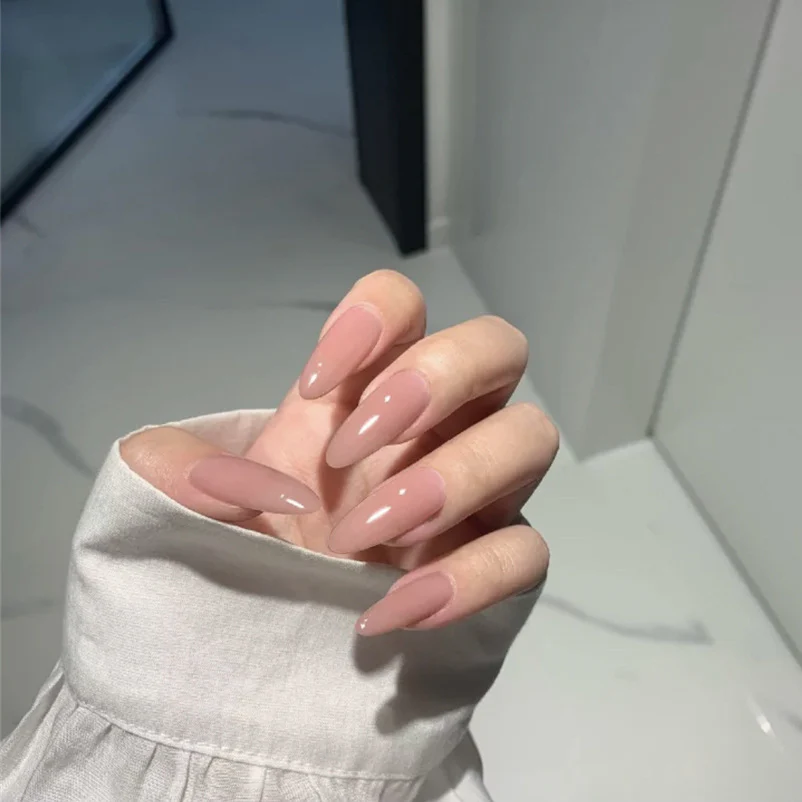 Elegant Evening Long Almond Blush Pink Press On Nails with Glossy Finish
