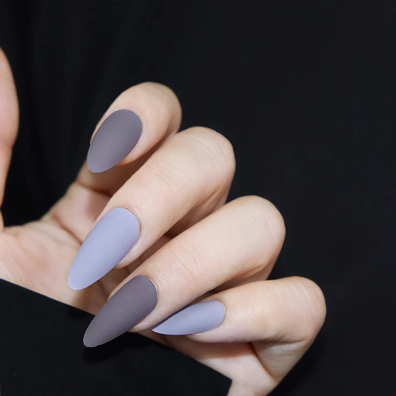 Elegant Evening Long Almond Matte Gray Press On Nail Set with Seamless Fit Design