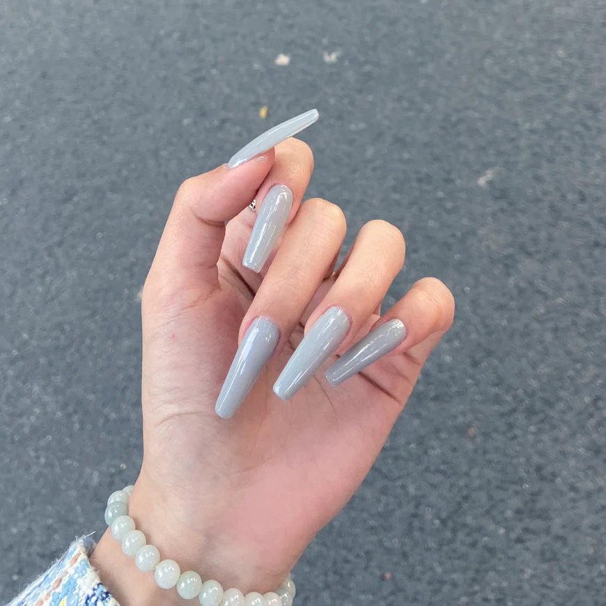 Elegant Evening Long Coffin Grey Press on Nail Set with Glossy Finish