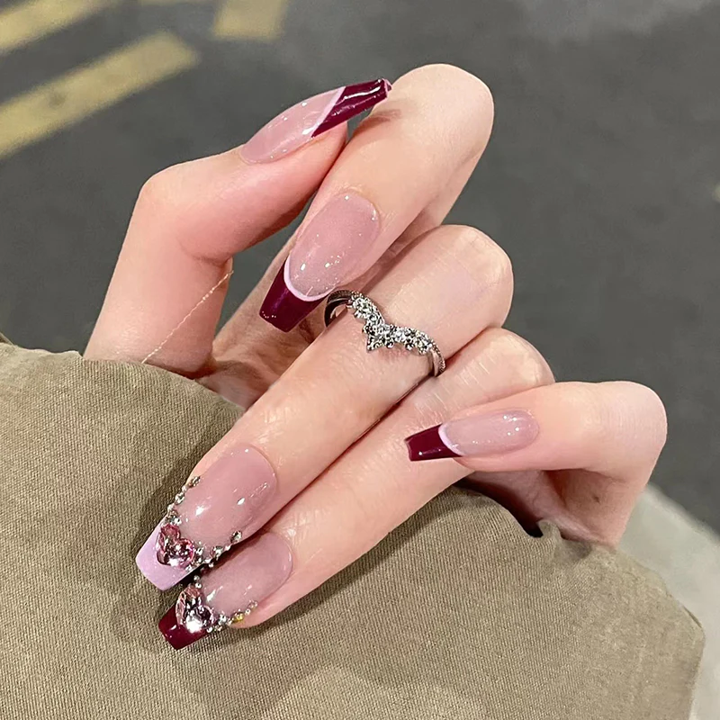 Elegant Evening Long Coffin Ombre Pink Press On Nail Set with Rhinestone Accents and Glitter Detail