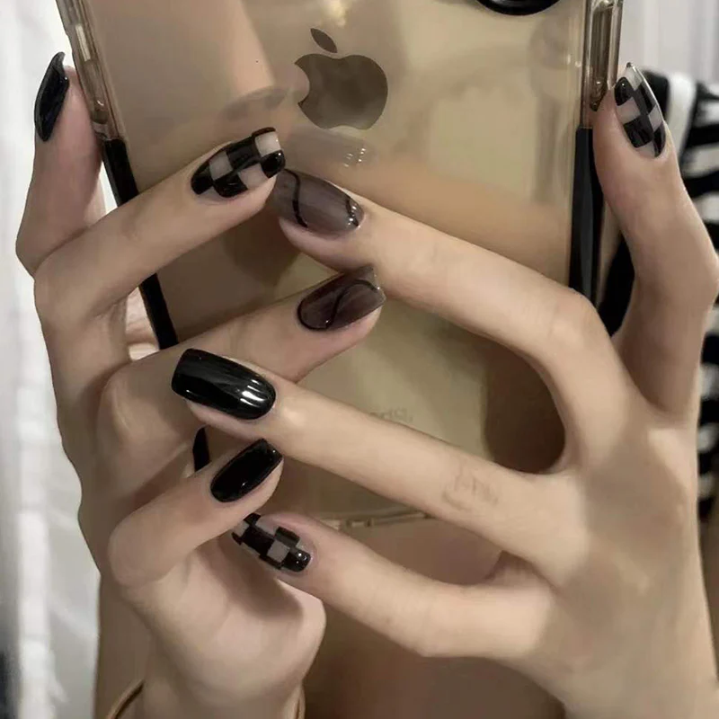 Elegant Evening Long Square Black Press On Nail Set with Sheer Accents