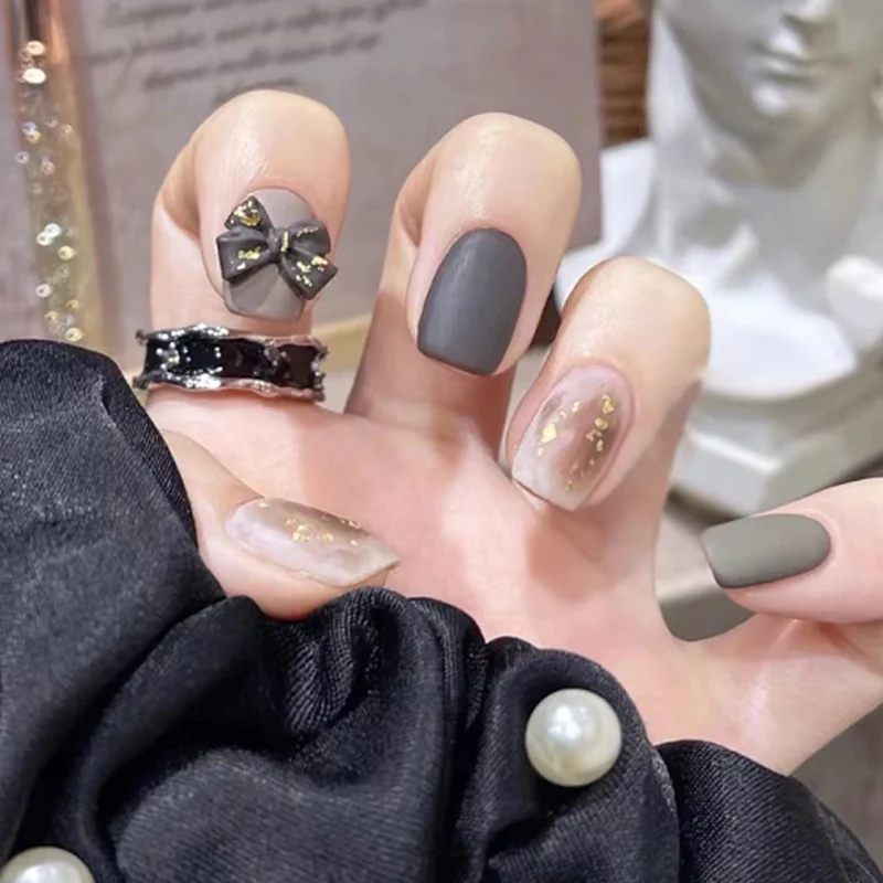 Elegant Evening Matte Gray Medium-Length Square Press On Nails with Gold Flakes Embellishment