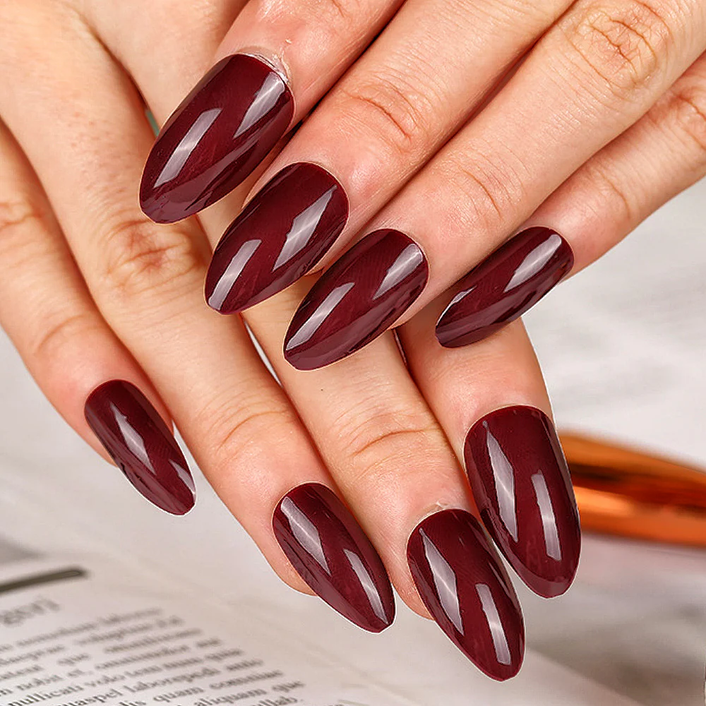 Elegant Evening Medium Almond Burgundy Press On Nail Set with High Gloss Finish