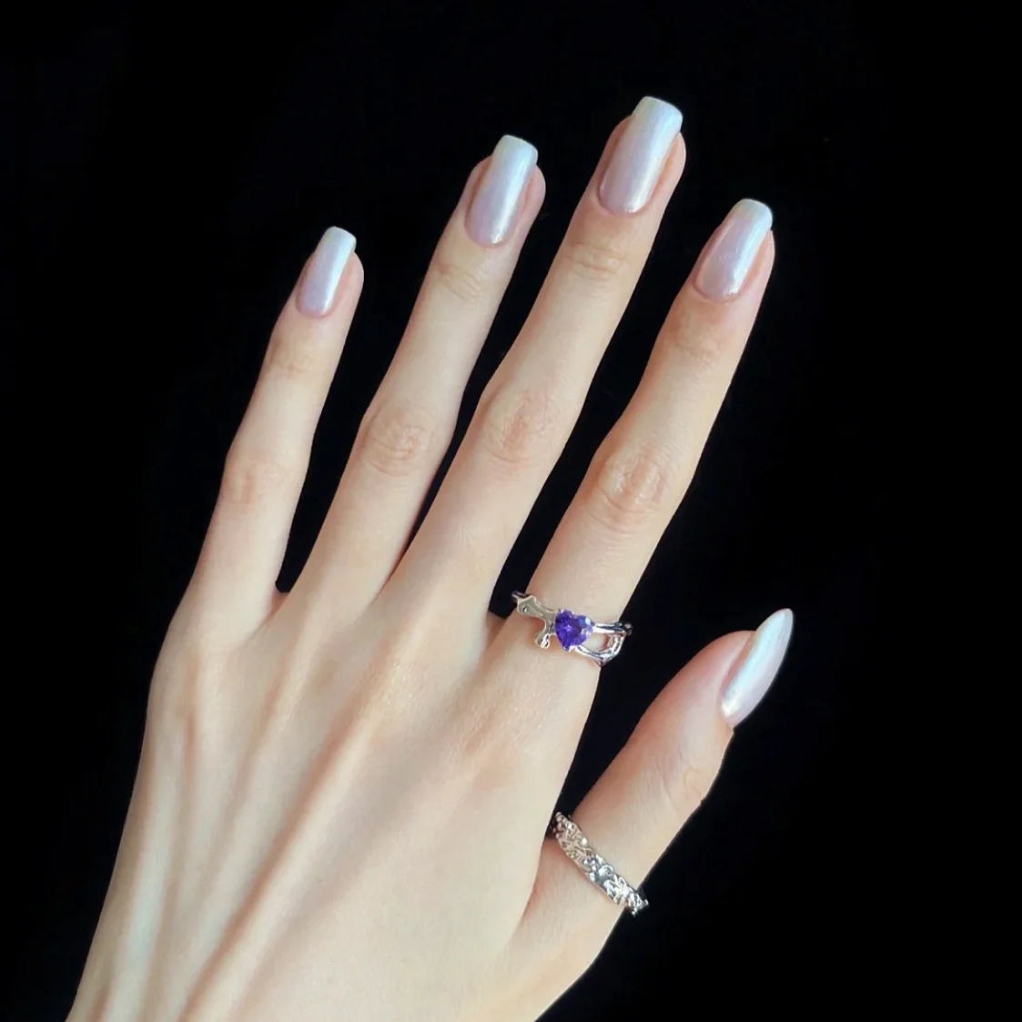 Elegant Evening Medium Square Pale Pink Iridescent Press On Nail Set with Shimmer Finish