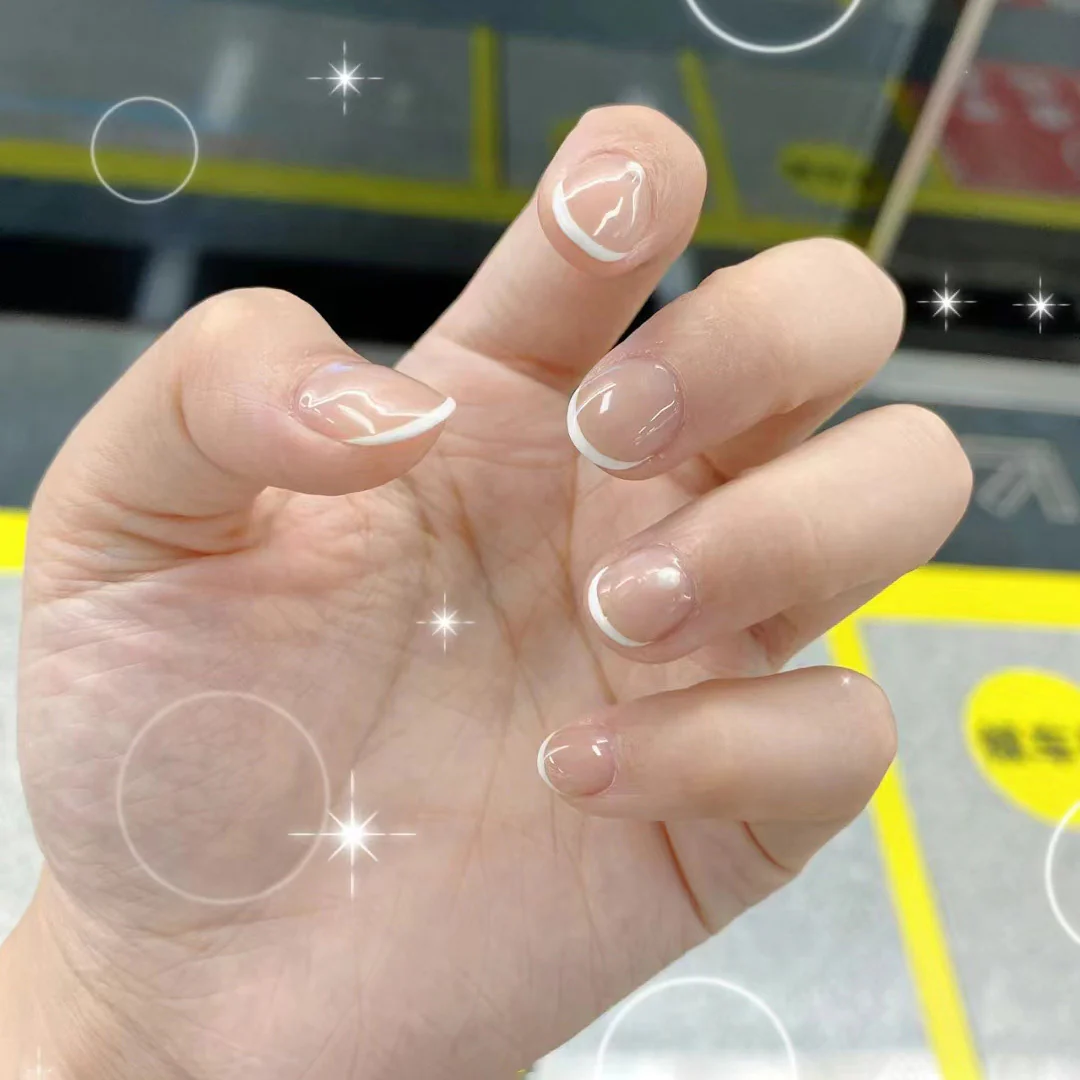 Elegant Fantasy Short Oval Clear White Tip Press On Nail Set with Glossy Finish
