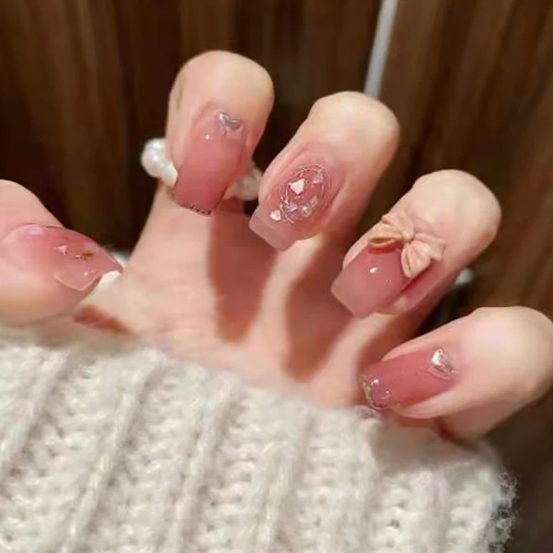 Elegant Floral Affair Medium Square Pink 3D Embellished Press On Nail Set