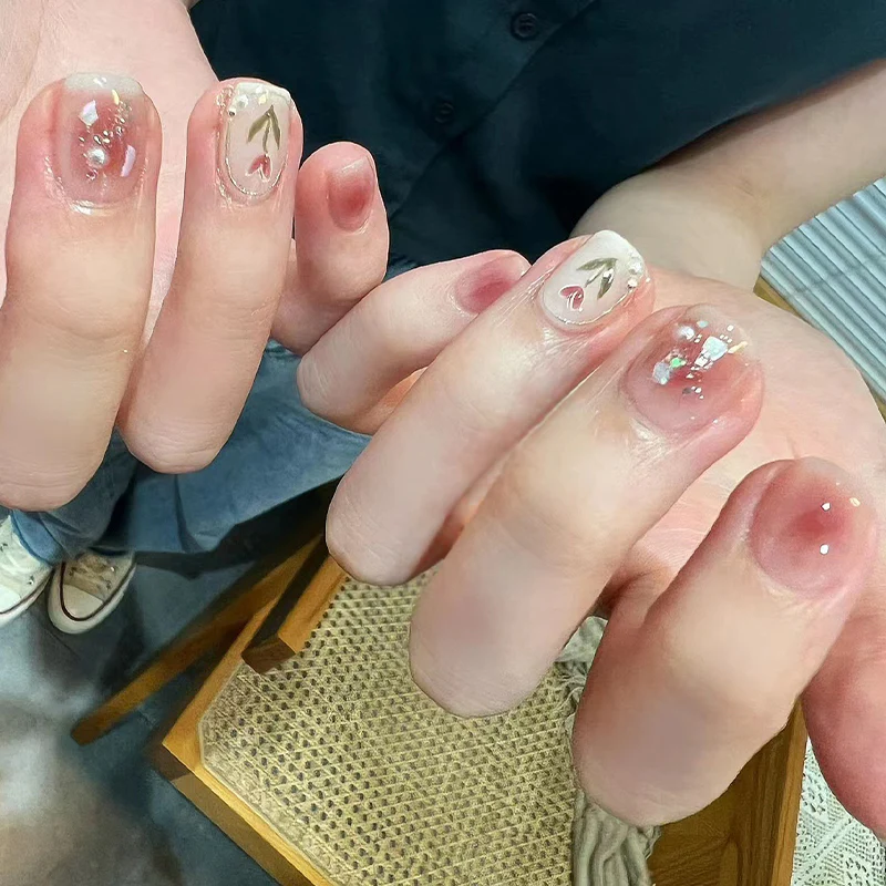 Elegant Floral Affair Short-Length Oval Natural Pink Press On Nail Set with Sparkling Accents
