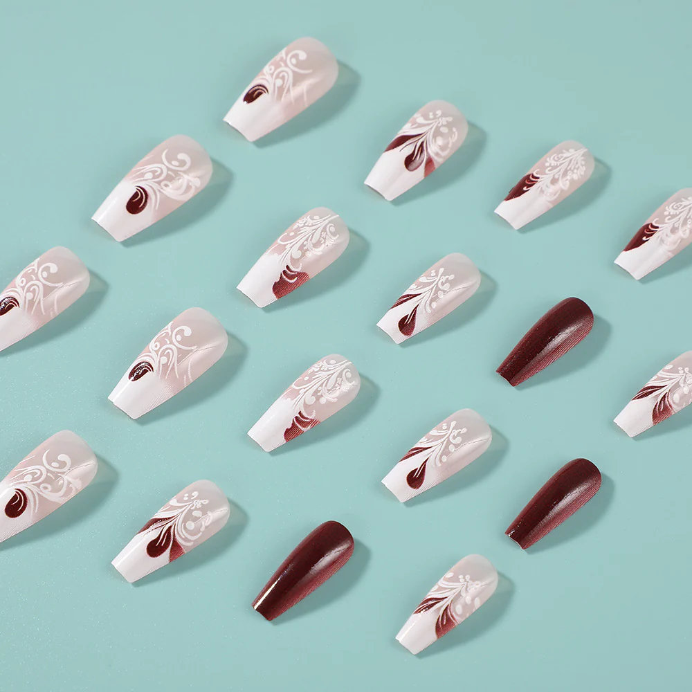 Elegant Floral Charm Press On Nail Set Medium Coffin Shape Soft Pink with Artistic Brown Design