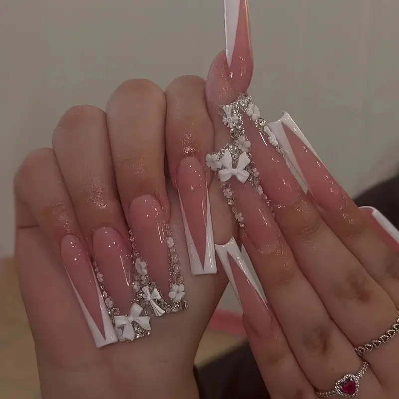 Elegant Floral Fantasy Long Square Pink and White Press On Nail Set with Charming Bow and Jewel Detail