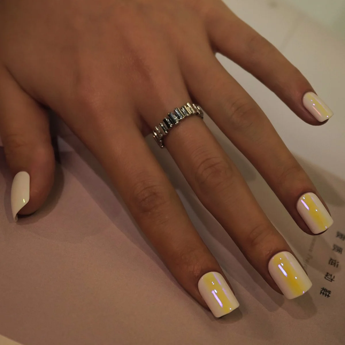 Elegant French Manicure Medium Square Beige and White Press On Nails Set with Glossy Finish