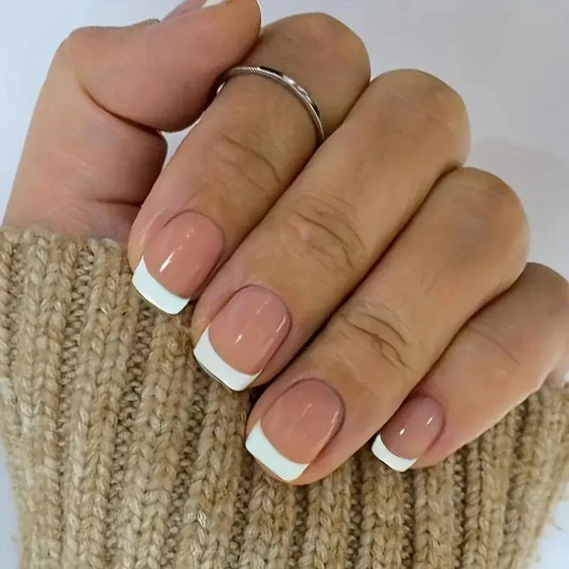 Elegant French Manicure Medium Square Press On Nail Set, Beige and White Colors, Easy Application
