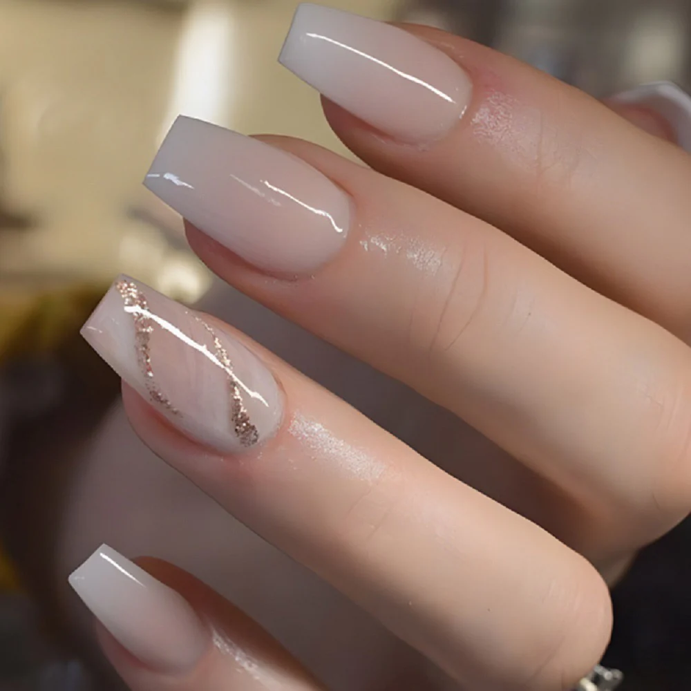 Elegant French Medium Coffin Press-On Nails with a Subtle Beige Base and Glitter Accents