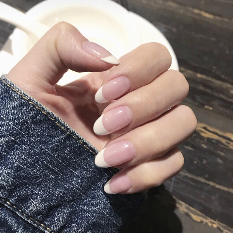 Elegant French Ombre Medium Round Press On Nails in Pink and White with Glossy Finish