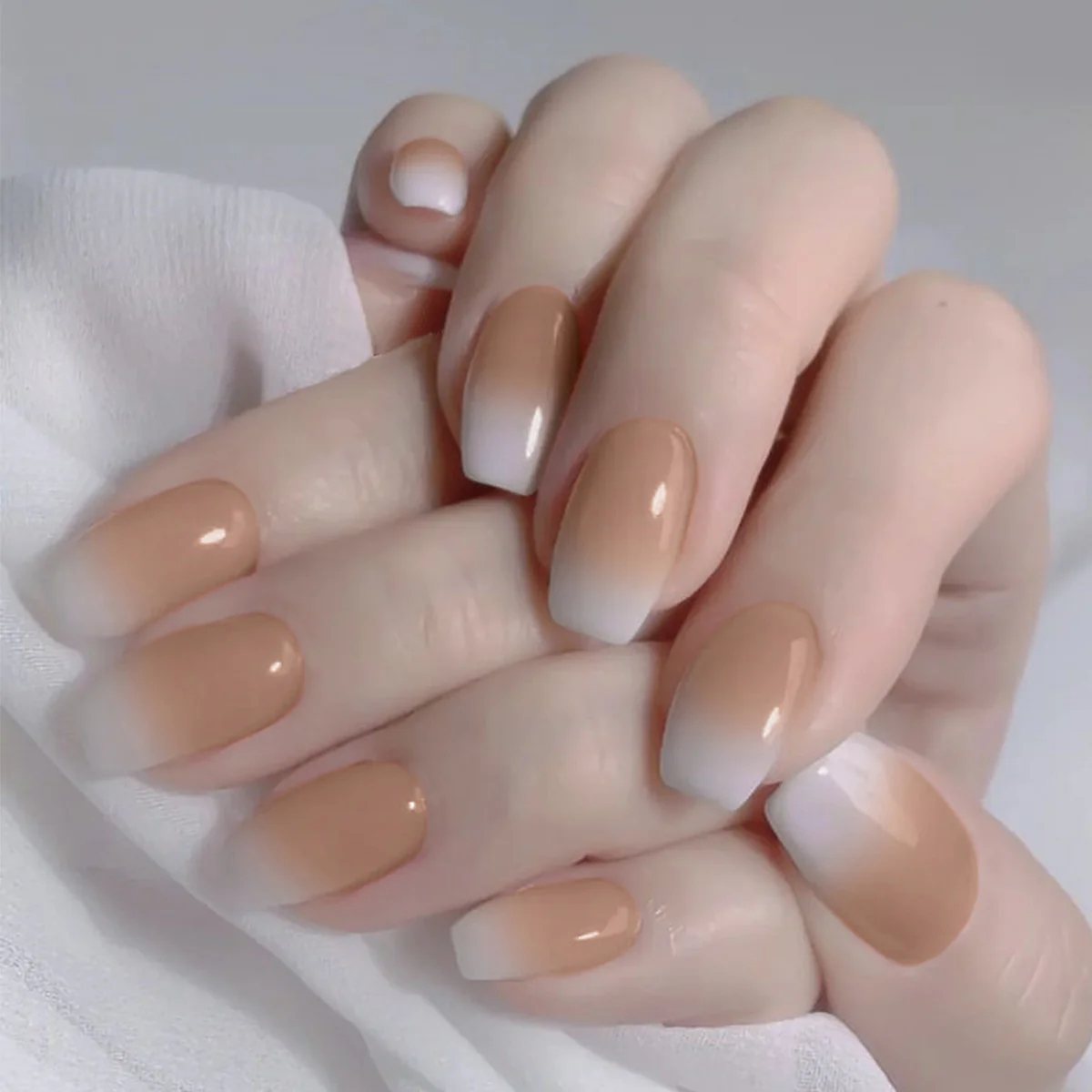 Elegant French Ombr‚Äö√¢√†≈í¬© Medium Coffin Beige and White Press On Nail Set with Gradient Design