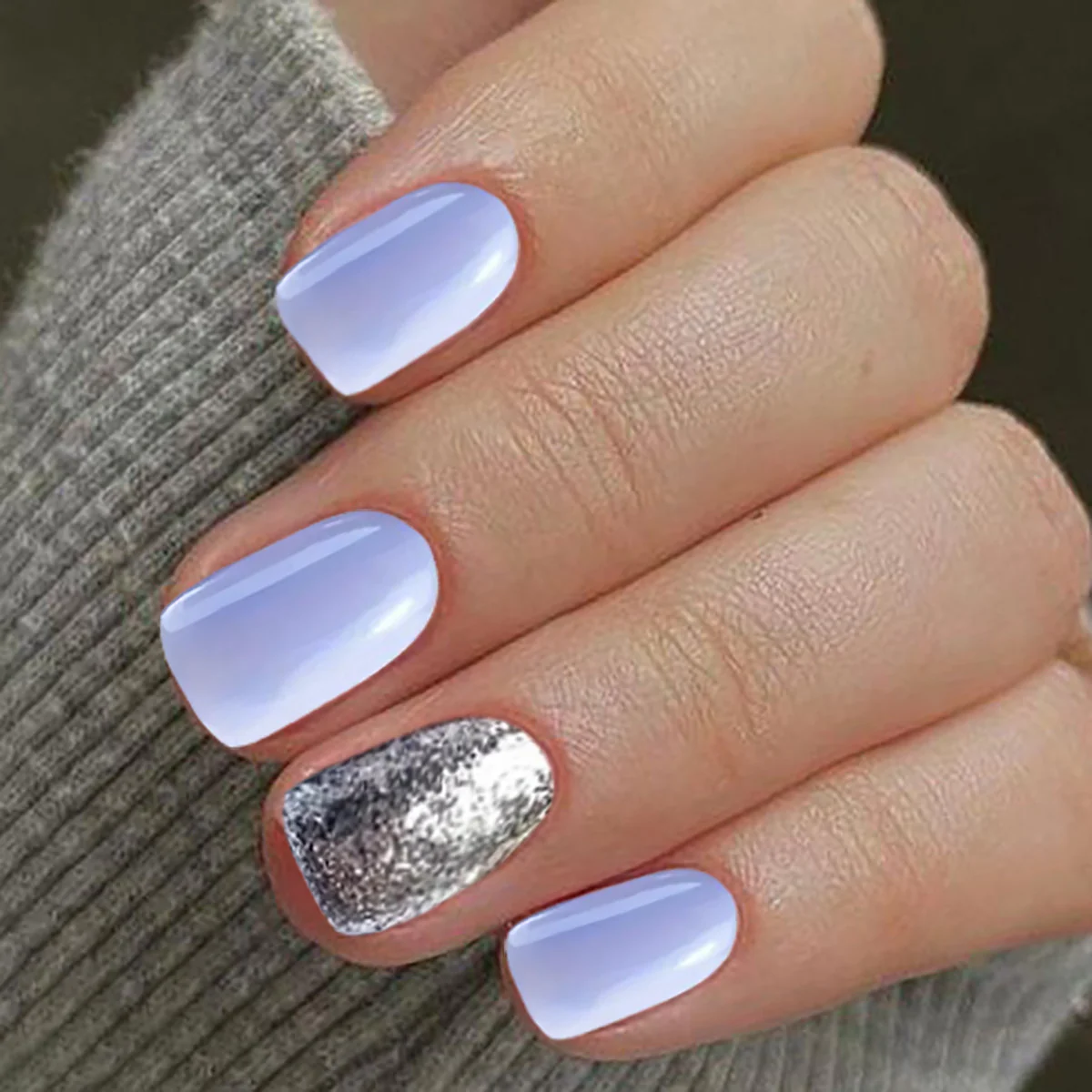 Elegant Frost: Long Square Lavender Press On Nails with Metallic Accent Feature