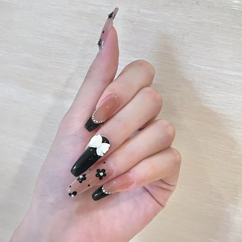Elegant Garden Inspired Long Coffin Shape Black and Beige Press On Nail Set with Floral Embellishments