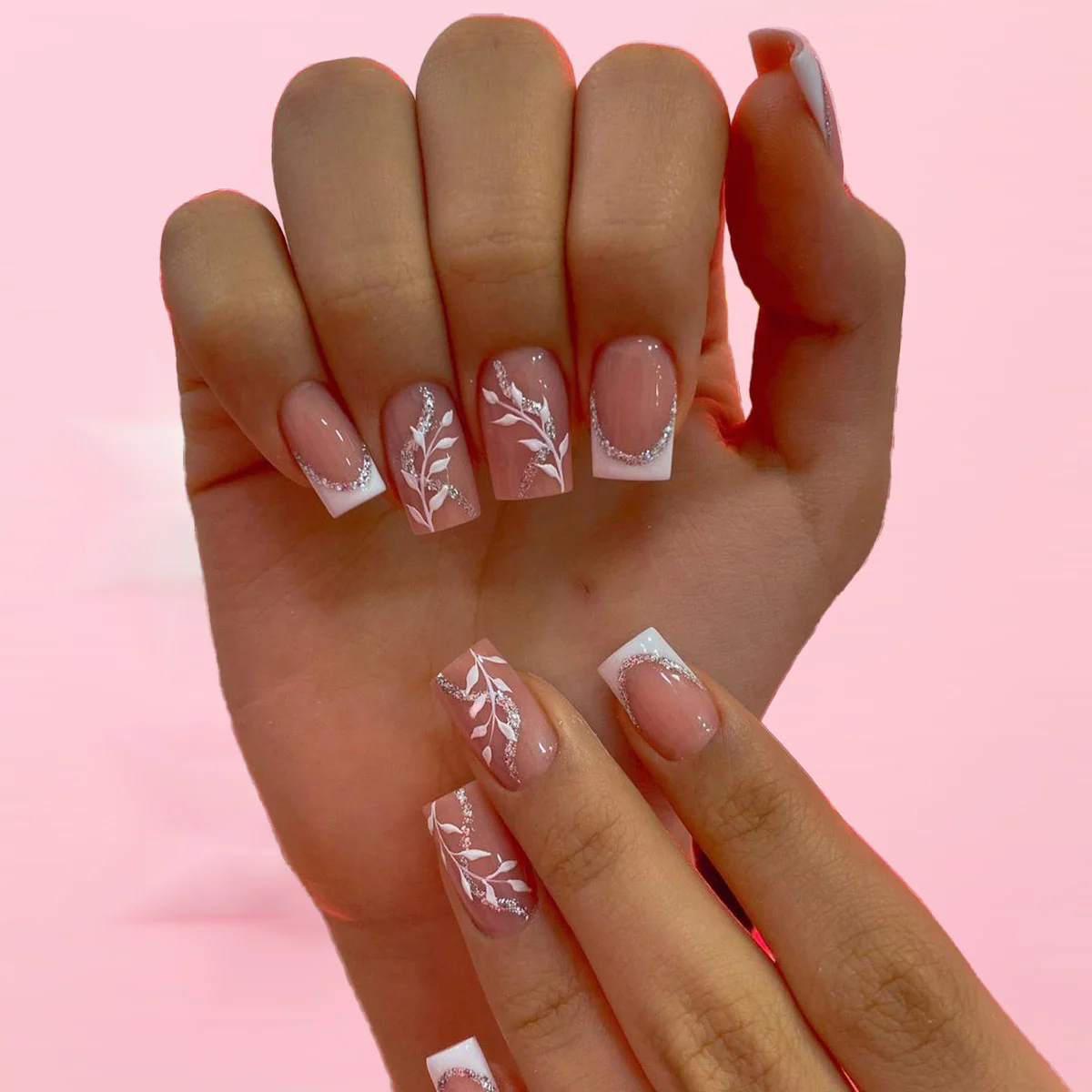Elegant Garden Inspired Long Square Pink Press On Nail Set with Floral Design and Silver Accents