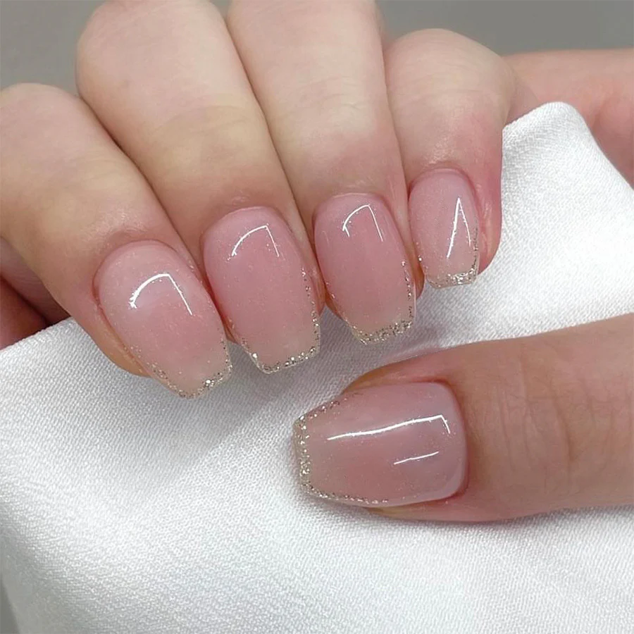 Elegant Garden Long Coffin Blush Pink Press On Nails with Glitter Tip Design