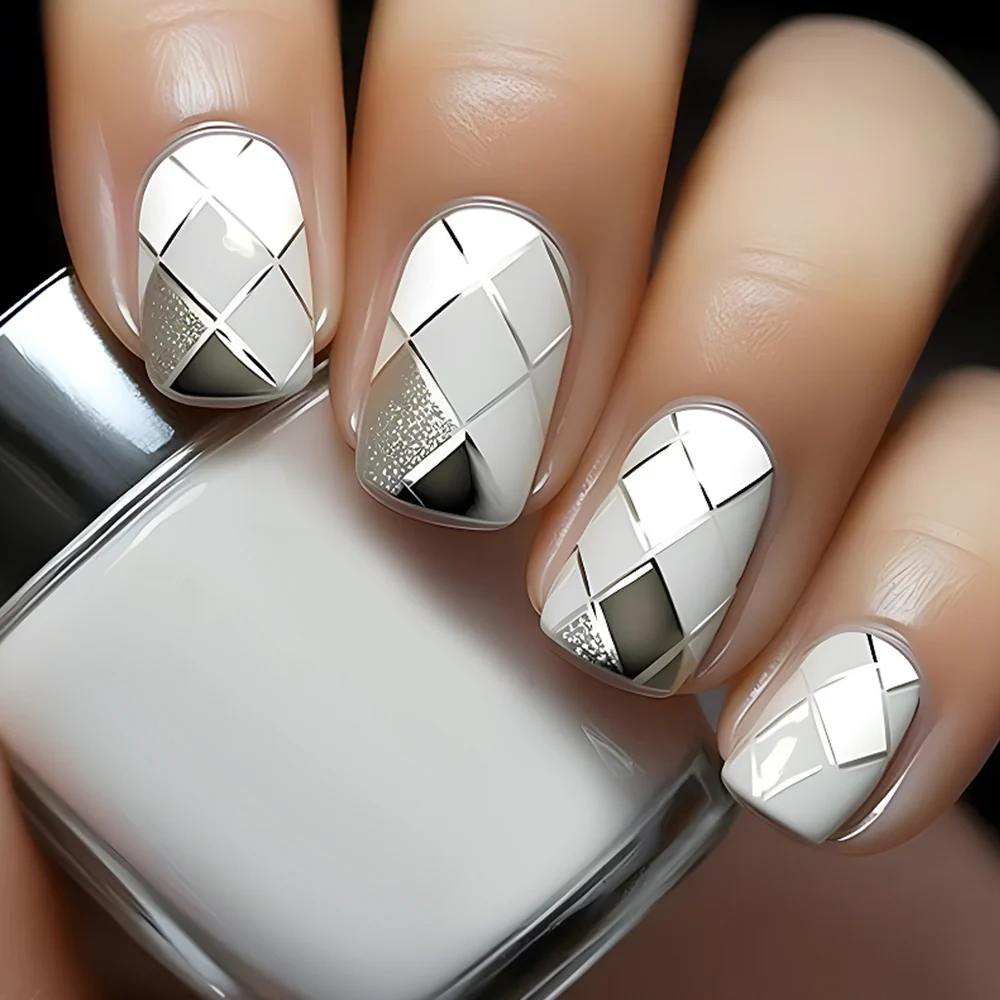 Elegant Geometric Glam Medium Length Square Shape White and Silver Glitter Accent Press On Nail Set