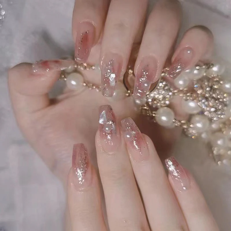 Elegant Glamour Long Coffin Pink with Shimmering Glitter and Pearl Accents Press On Nail Set