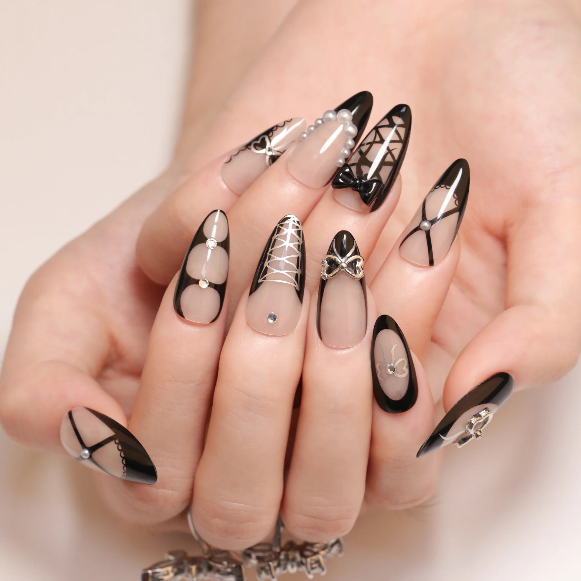 Elegant Gothic Long Almond Black Press On Nail Set with Unique Pearl and Bow Accents