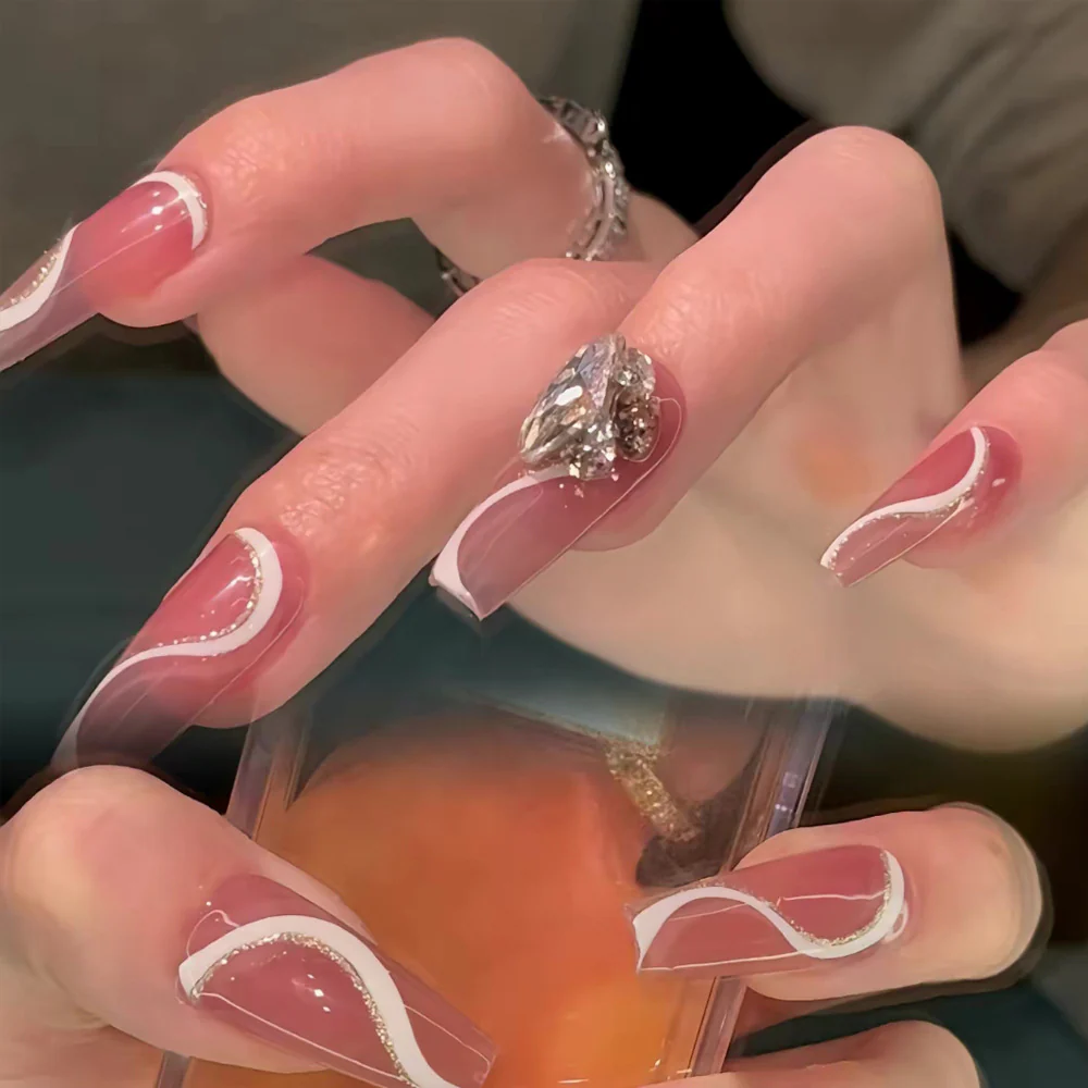 Elegant Luxe Long Square Pink Nails with Chic White Swirls and Glamorous Rhinestone Accent