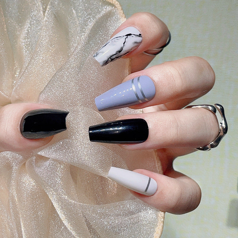 Elegant Marble Elegance Long Coffin Press On Nail Set in Black White and Lavender with Accent Designs