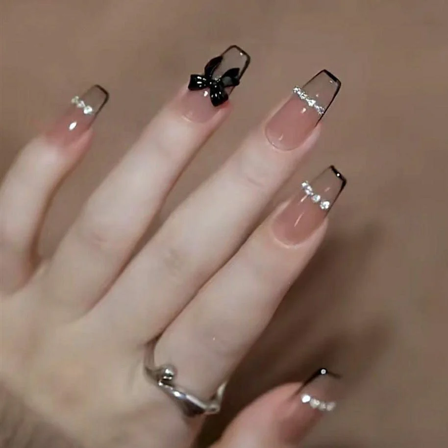 Elegant Night Out Long Coffin Almond Press On Nail Set Black and Beige with Rhinestone and Butterfly Accent