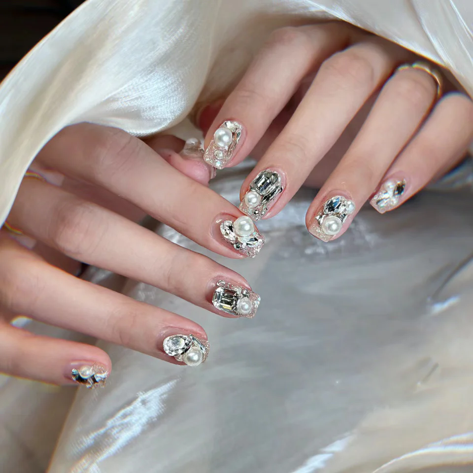Elegant Nighttime Glamour Medium Square Soft Pink Press On Nails with Pearl and Crystal Accents