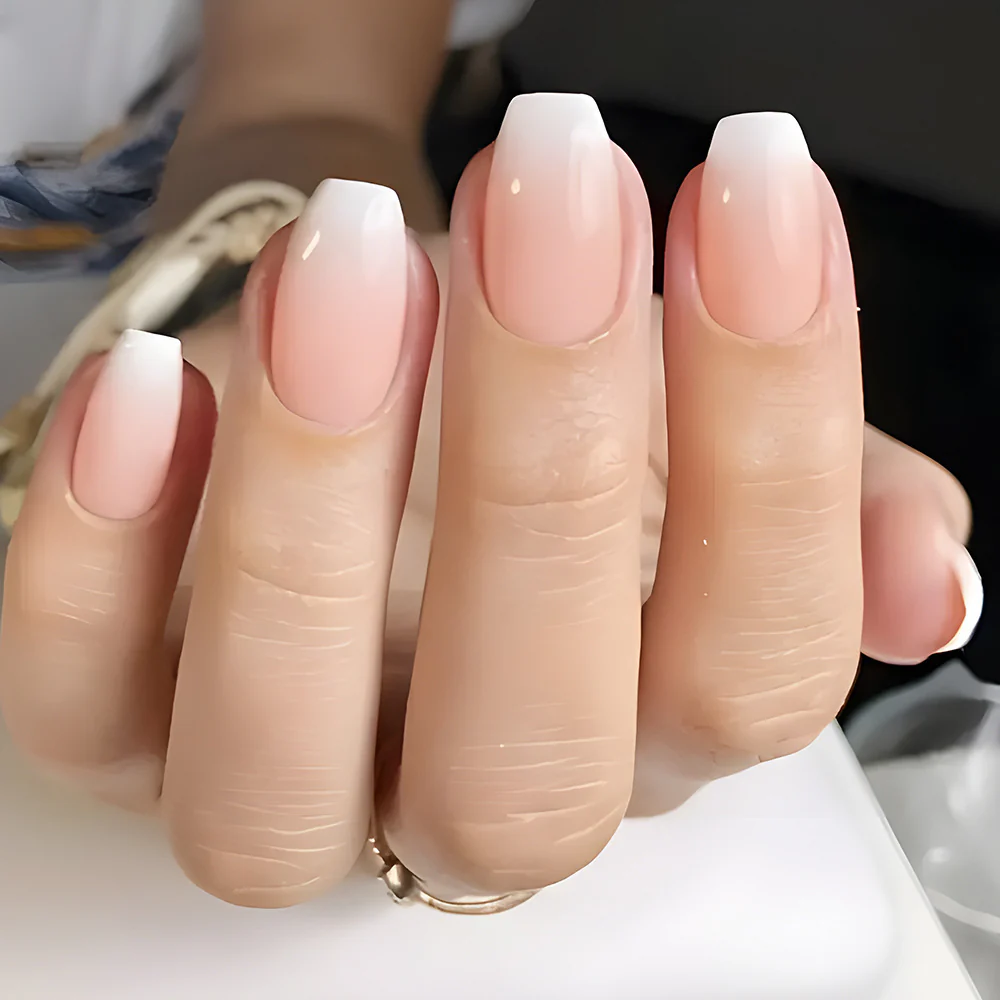 Elegant Oasis Medium Coffin Beige Ombre Press On Nail Set with Glossy Finish and Easy Application