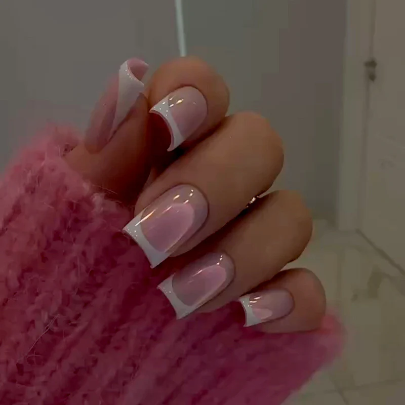 Elegant Parisian Charm Medium Square Pink and White French Tip Press On Nail Set with Glossy Finish