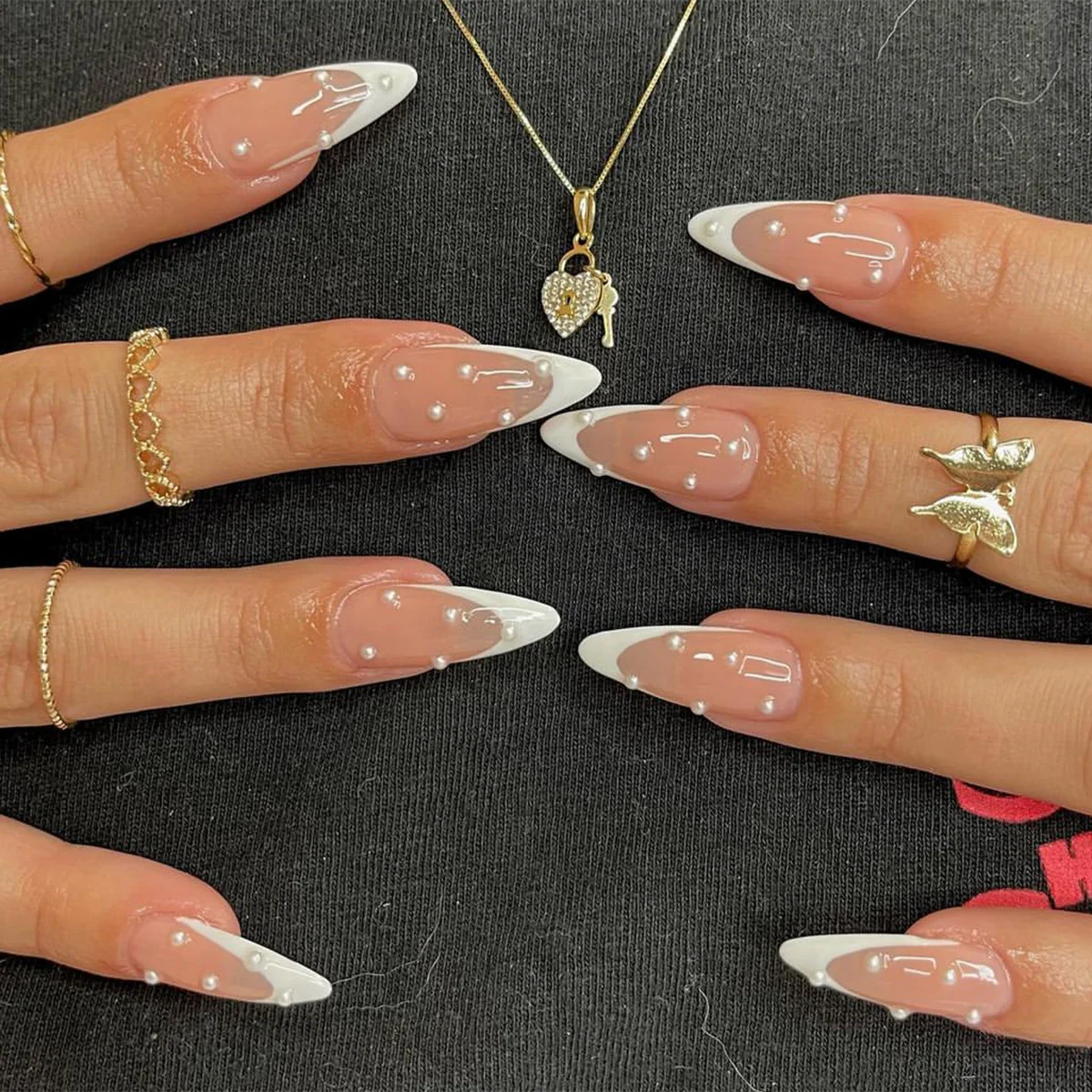 Elegant Pearl Accent Long Stiletto Press On Nail Set in Clear Beige with Glossy White Tips and Stunning 3D Pearls