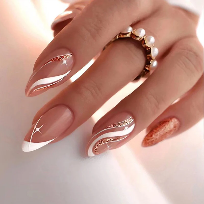 Elegant Pearl Dream Long Almond Beige and White Ombre Press On Nail Set with Sparkling Glitter Accents