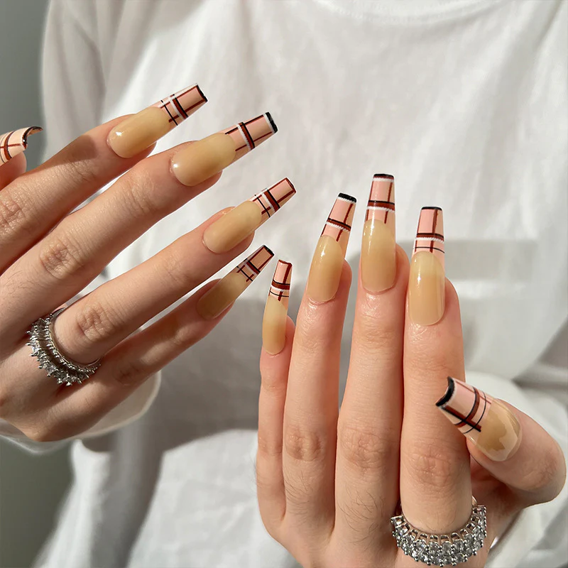 Elegant Plaid Extra-Long Coffin Beige Press On Nails with Black Accent Art Design