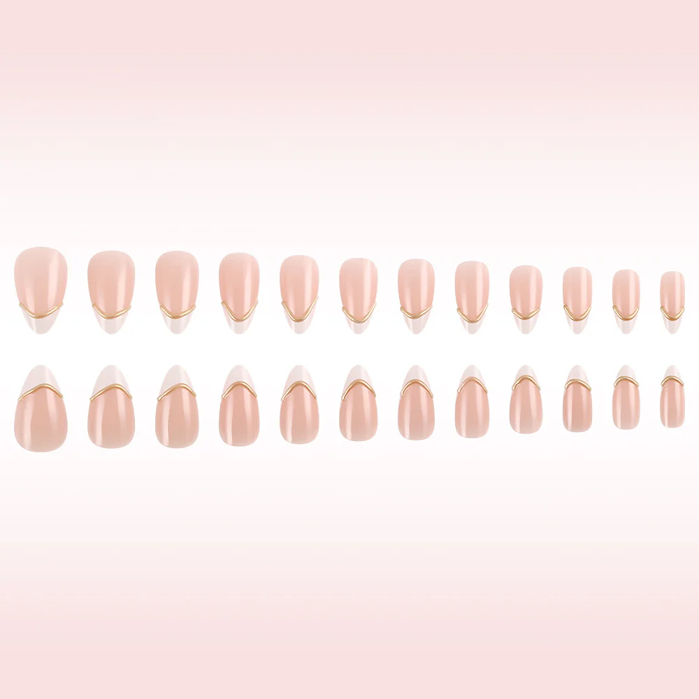 Elegant Rose Gold Chic Short Almond Shaped Press On Nail Set in Soft Pink with Glamorous Gold Accent