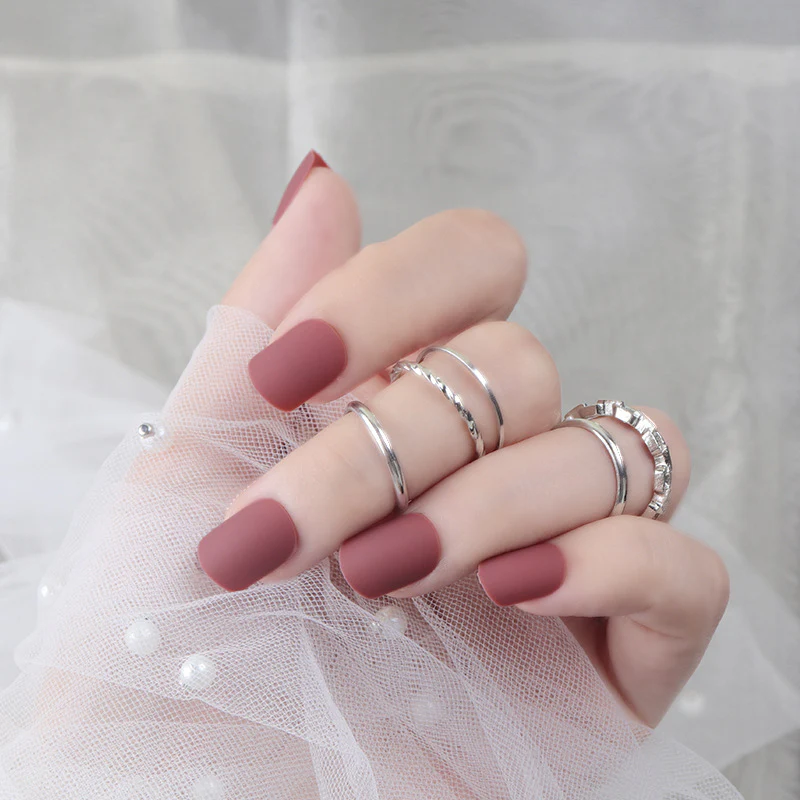 Elegant Rose Matte Oval Press On Nails Medium Burgundy with Unique Texture Detail