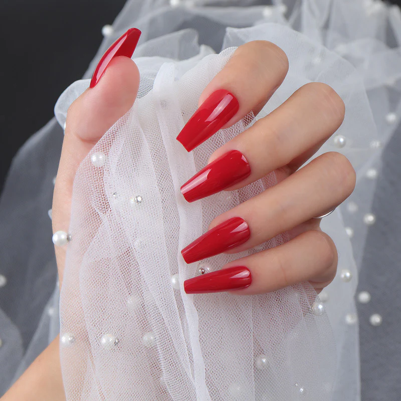 Elegant Scarlet Affair Long Coffin Red Press On Nail Set with Pearl Accents