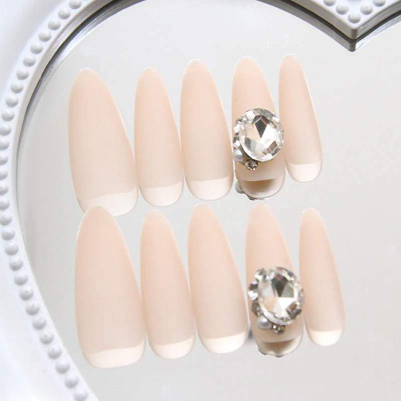 Elegant Serene Long Almond Shaped Blush Press On Nails with Stunning Gemstone Accent