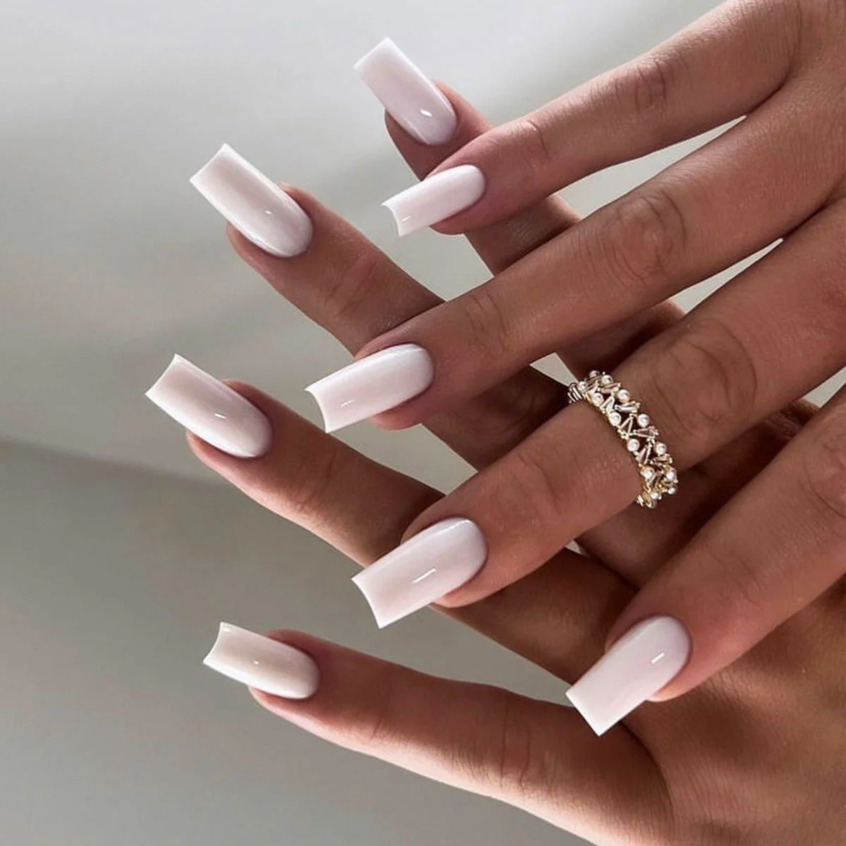 Elegant Serenity Long Square White Glossy Press On Nail Set with Chic High Shine Finish